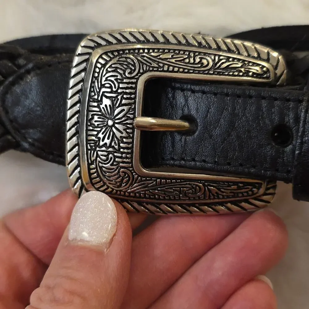 Vintage Black Braided Leather Western Cowgirl Conch Belt Womens ML